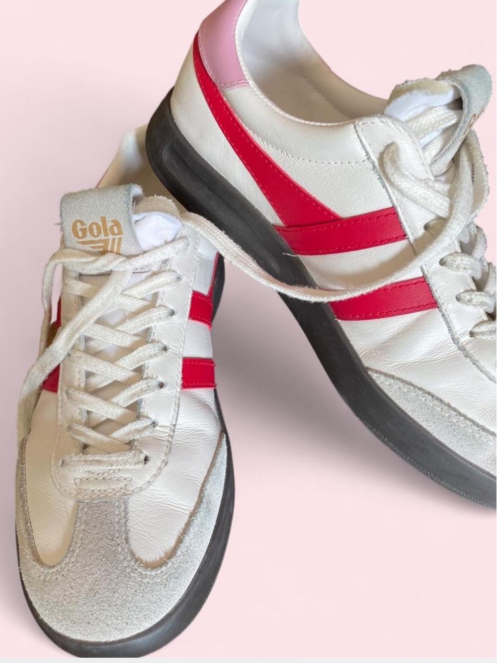 Gola White Sneakers with Pink Heel and Red Stripes